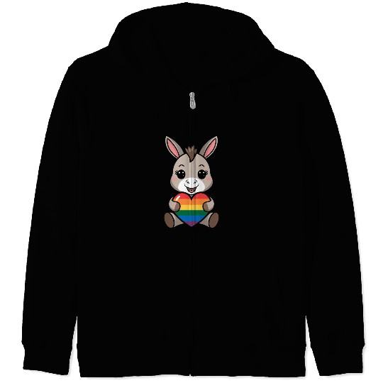 LGTBQ Cute Donkey with Rainbow Heart Zip Hoodies