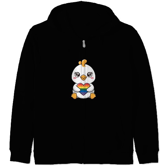 Adorable Chick Holding Rainbow Heart LGTBQ Zip Hoodies