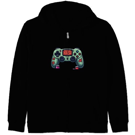 Zombie Brain-Themed Green Controller Zip Hoodies