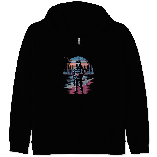 Horror City Skyline Vaporwave Art Halloween Zip Hoodies