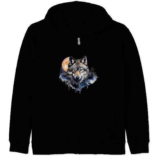 Wolf Portrait Under Full Moon Design Zip Hoodies