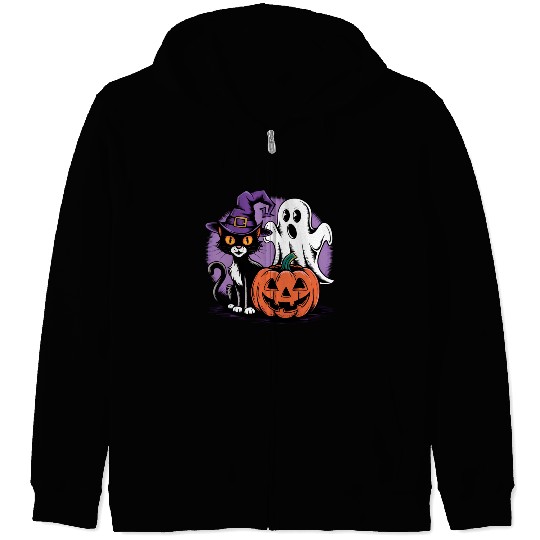 Spooky Black Cat Pumpkin boo ghost Halloween Zip Hoodies