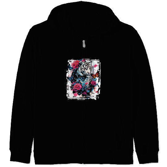 Majestic tiger with butterflies and roses Zip Hoodies