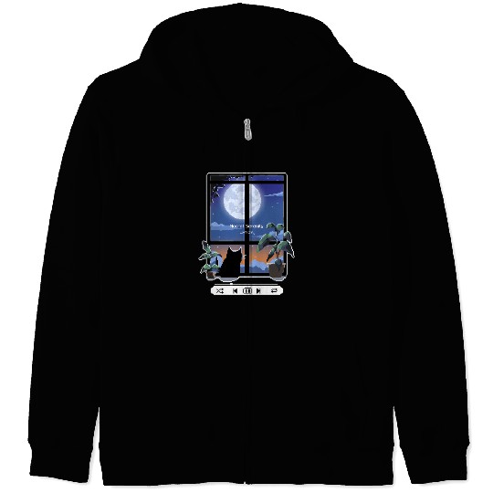 Pixel Lofi Black Cat Moonlit Serenity Zip Hoodies