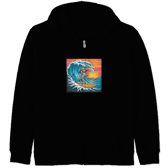 Surfing Skeleton Vibes Surfing Lifestyle Retro Zip Hoodies