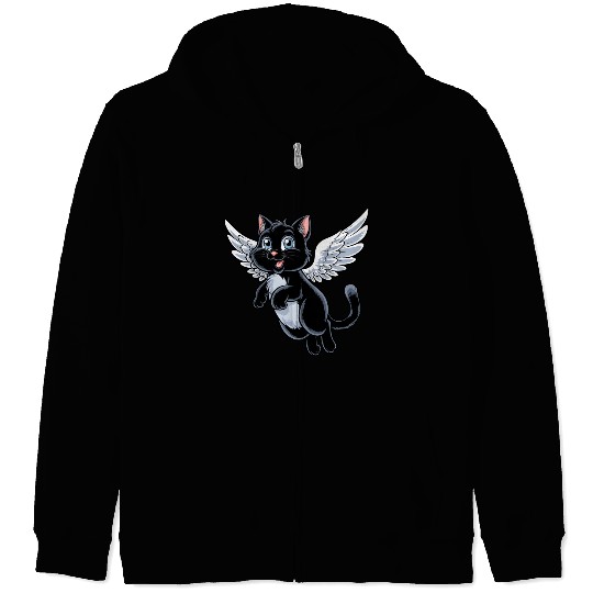 Black Cat with Angel Wings Zip Hoodies