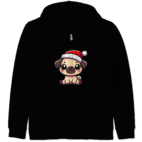 Cute Christmas Pug Cartoon with String Lights Zip Hoodies