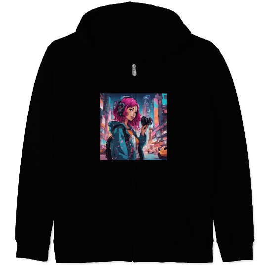 Cyberpunk Pink-Haired Girl - Neon Dreams Zip Hoodies