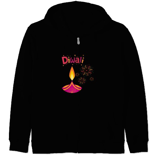 Diwali Design with Lamp & Festive Fireworks Zip Hoodies