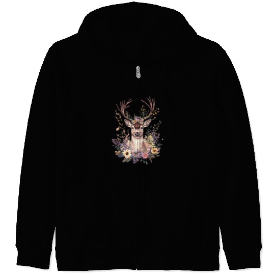 Cute Floral Deer Zip Hoodies