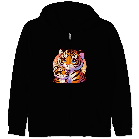 Cute Tiger Mom and Cub Illustration with Flowers Zip Hoodies