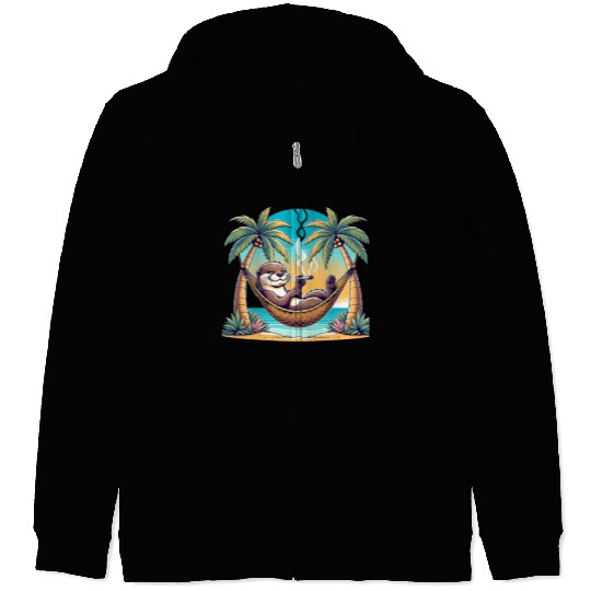 Relaxed Otter in Hammock Smoking Cigar Under Palm Zip Hoodies