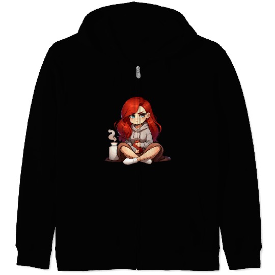Cozy Anime Girl with Red Hair Relaxing Zip Hoodies