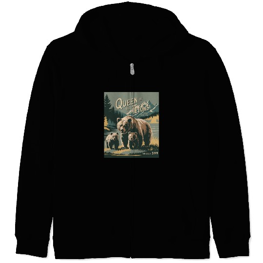 Queen of the Tetons Grizzly 399 Vintage Nature Art Zip Hoodies