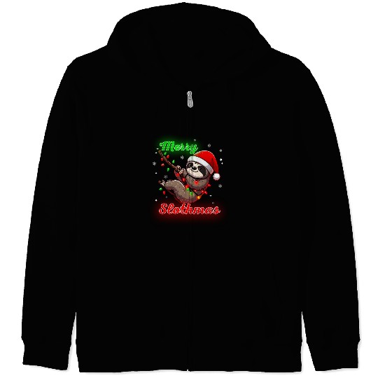 Merry Slothmas Sloth In Santa Hat Christmas Zip Hoodies