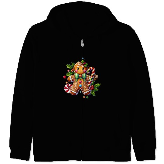 Happy gingerbread man with candy cane Zip Hoodies