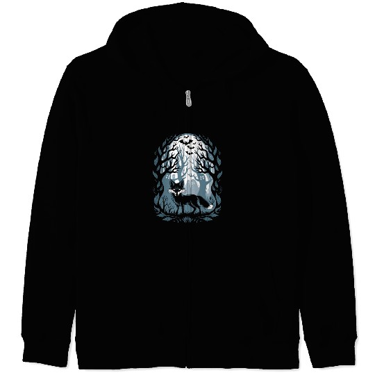 Dark Cottagecore Forest with Fox and Ghosts Zip Hoodies