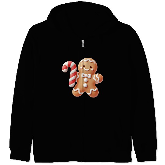 Happy gingerbread man with candy cane Zip Hoodies