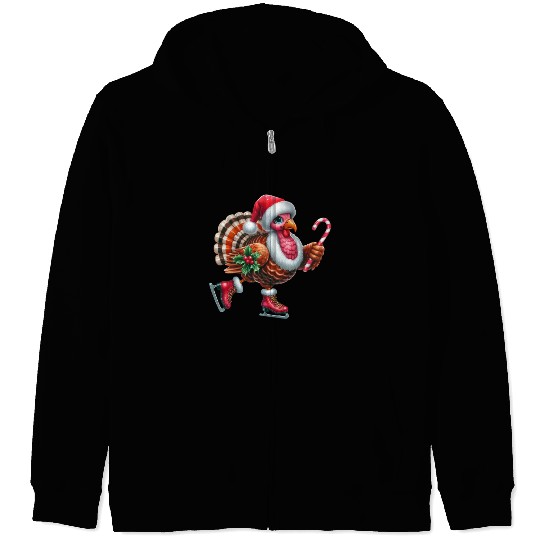 Turkey Ice Skating with Candy Cane and Santa Hat Zip Hoodies
