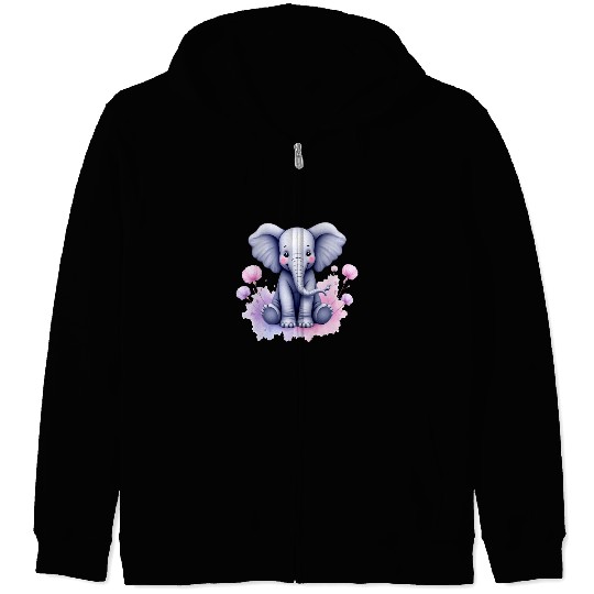Serene Elephant with Watercolor Splashes Zip Hoodies