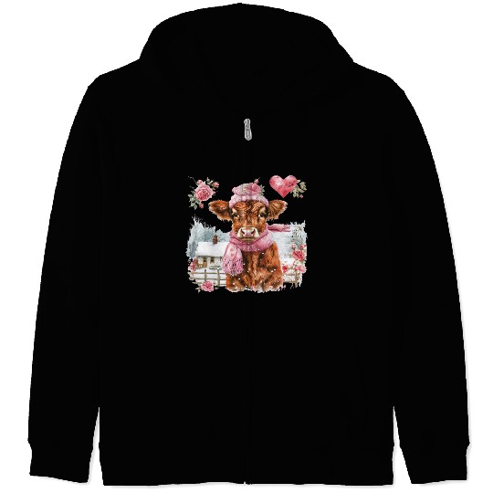 Cute Highland Cow Valentines Day Zip Hoodies