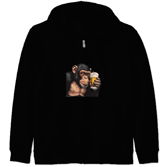 Cute Chimpanzee Drinking Beer 2 Zip Hoodies