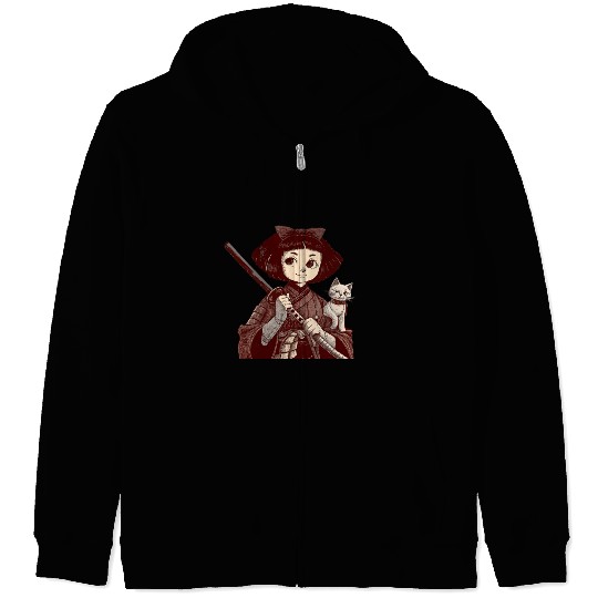 Chibi Samurai Warrior Cat Companion & Blossoms Zip Hoodies