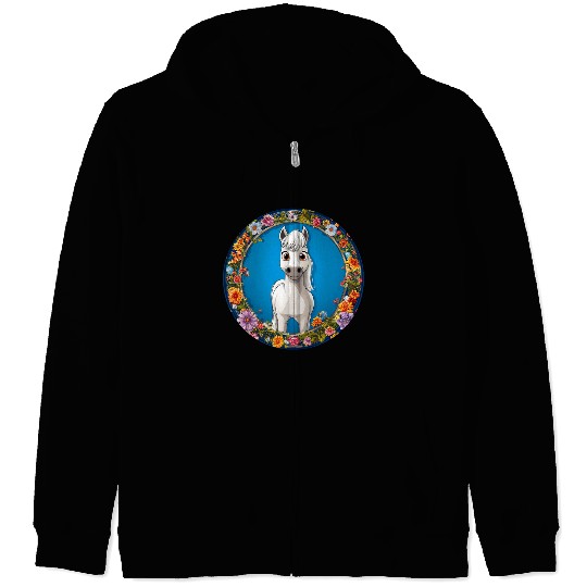 Whimsical White Horse Floral Frame Zip Hoodies