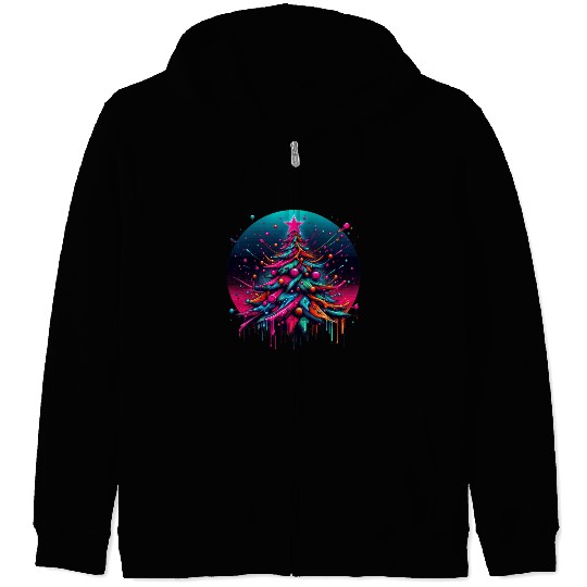 Neon Graffiti Christmas Tree with Bold Spray Paint Zip Hoodies