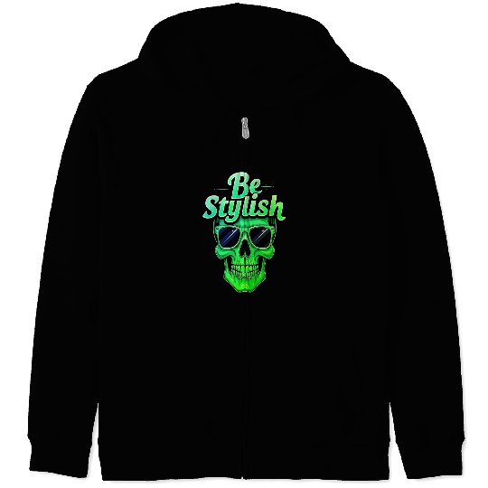 Be Stylish Vibrant Green Skull with Sunglasses Zip Hoodies