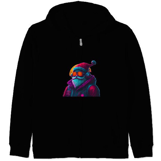 Retro Cool Santa Claus with Headphones Neon Colors Zip Hoodies