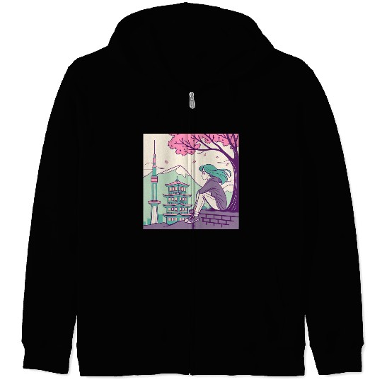"Peaceful Anime Vibes: Girl Relaxing with Sakura Zip Hoodies