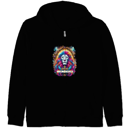 Vibrant Lion of Judah Art with Cross and Spiritual Zip Hoodies
