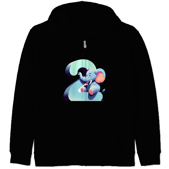 Adorable Elephant with Number 2 Design Zip Hoodies
