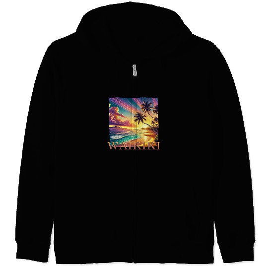 Waikiki Beach Sunset Palm Trees Sea Zip Hoodies
