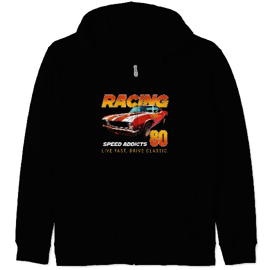 Racing Classic Car Graphic Zip Hoodies, Retro Muscle Car