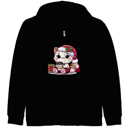 A Cute Kawaii Cat Drinking Coffee Zip Hoodies