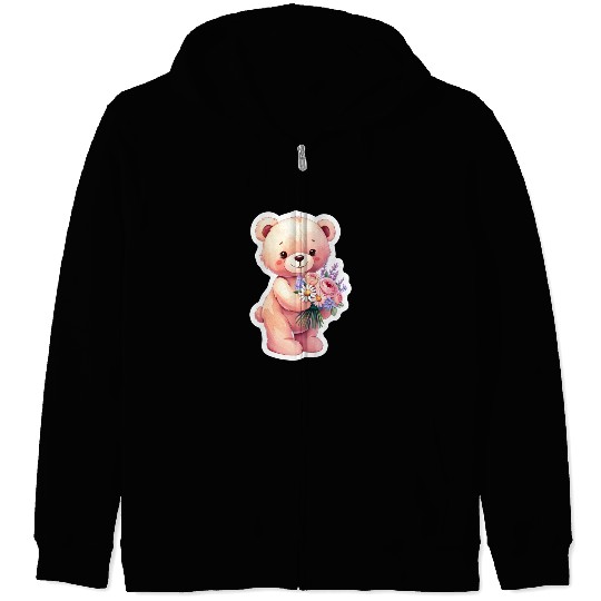 Teddy bear with bouquet of flowers Zip Hoodies