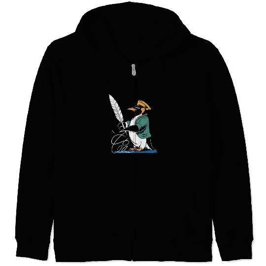 Calligraphy Enthusiast Penguin With Quill Art Zip Hoodies
