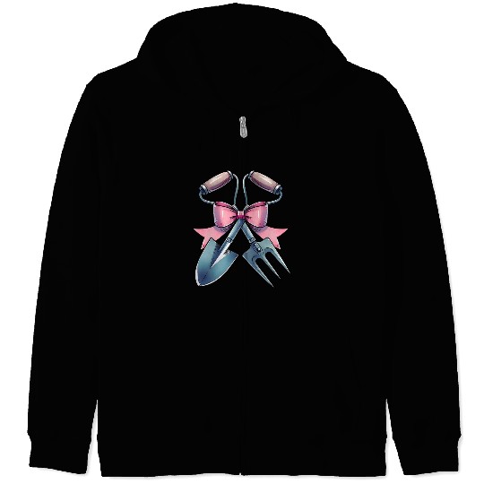 Coquette Bow Gardening Gardener Shovel Pink Ribbon Zip Hoodies