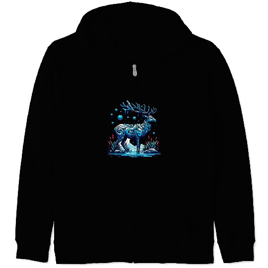 Majestic Blue Deer in Enchanted Forest Zip Hoodies
