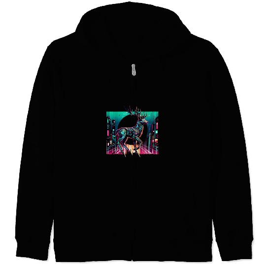 Cyberpunk Stag In Futuristic Cityscape Zip Hoodies