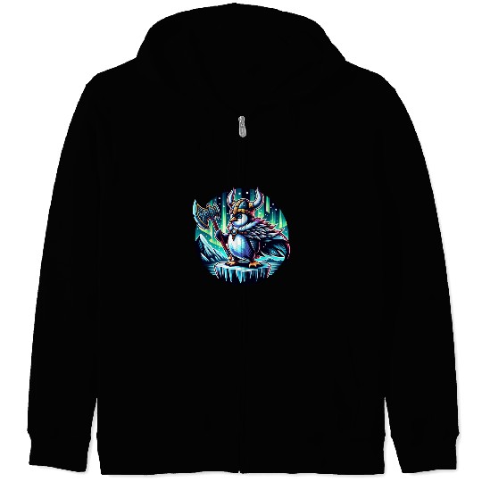 Viking Penguin with Axe Under Northern Lights Zip Hoodies