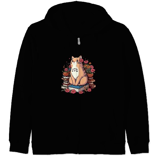 Book Cat Floral Zip Hoodies