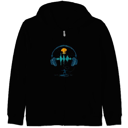 Playful Illustration Headphones and Surfing Theme Zip Hoodies