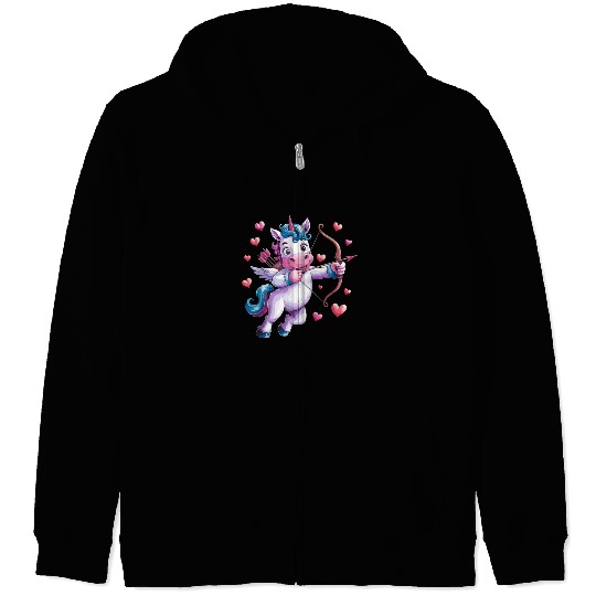Magical Cupid Unicorn with Hearts and Bow Zip Hoodies