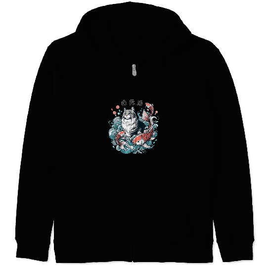 Flow with Grace - Majestic Cat & Koi Fish Zip Hoodies