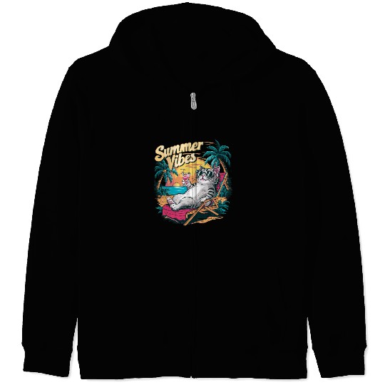 Cool Cat Summer Vibes – Beach Relaxation Aesthetic Zip Hoodies
