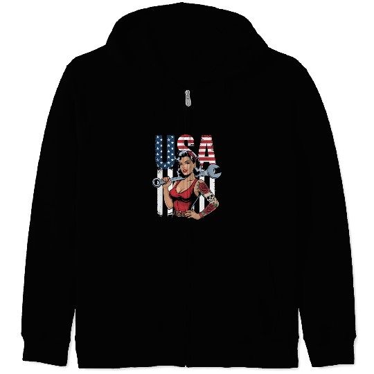 Patriotic Retro Mechanic Woman USA Flag Art Zip Hoodies