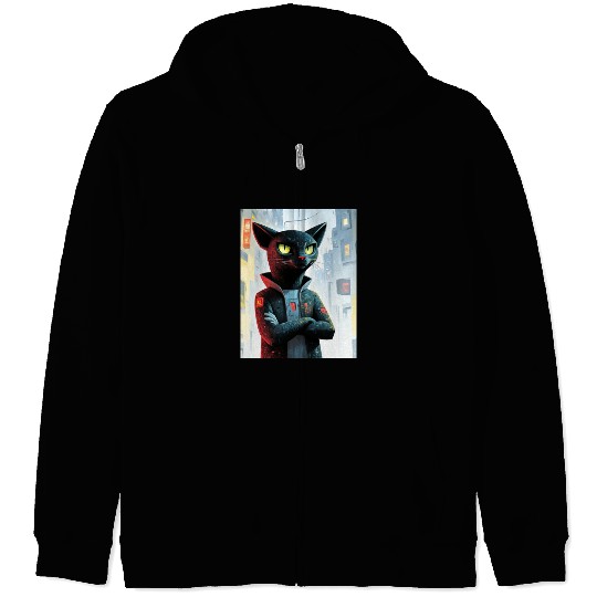 Cyberpunk Cat Boss – Futuristic Feline Art Zip Hoodies
